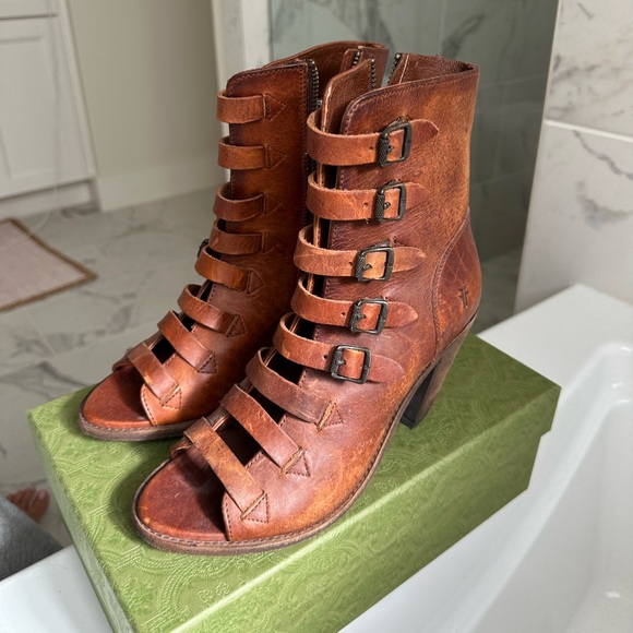 Frye Brown Strappy Women's Ankle Boots - Picture 5 of 7